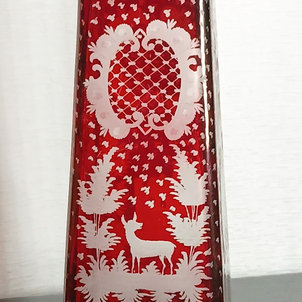 Antique Bohemian glass Vase/Ruby red/Etched glass/Dog/Deer/Birds Church 9" Tall